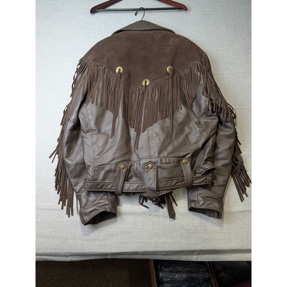 VTG Park V Leather Insulated Fringe Jacket Mens 46 Brown Suede Western Biker - Picture 10 of 11
